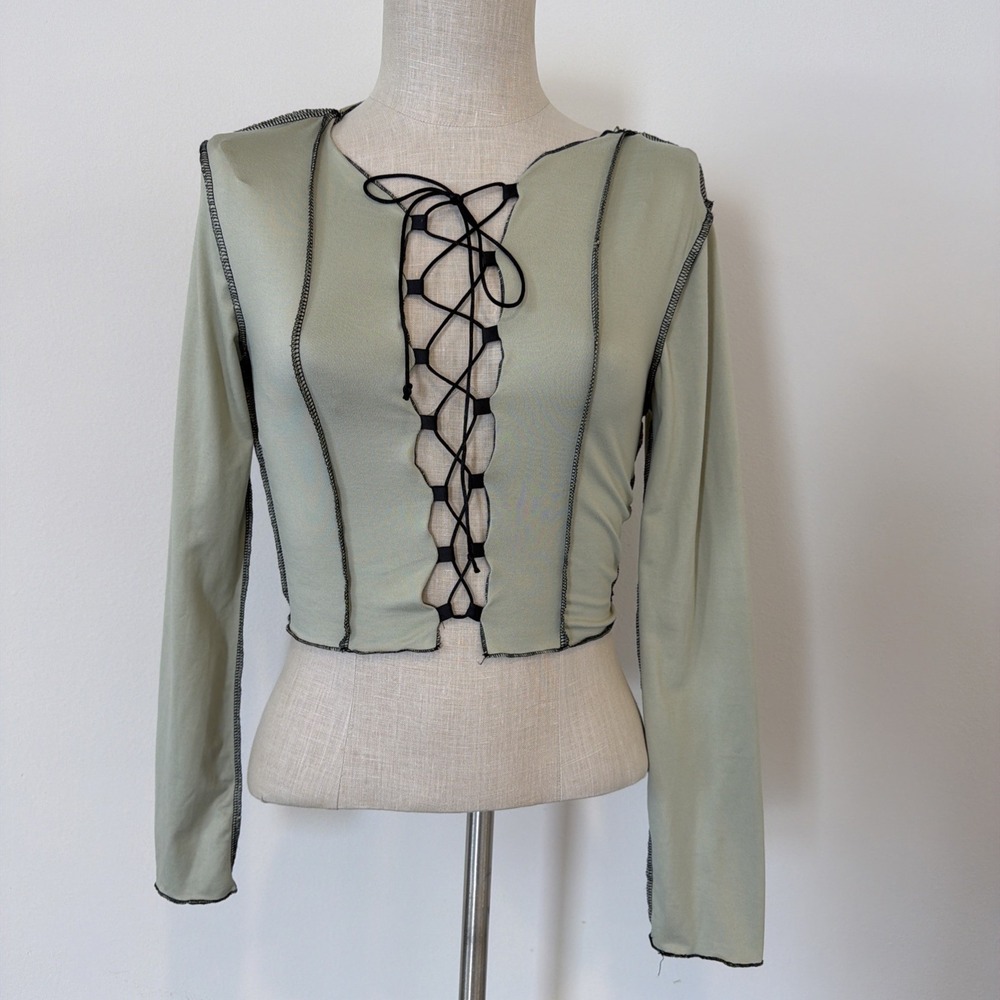 Love J‎ Women's Lace Up Crop Top Beige Size Medium Grunge Goth